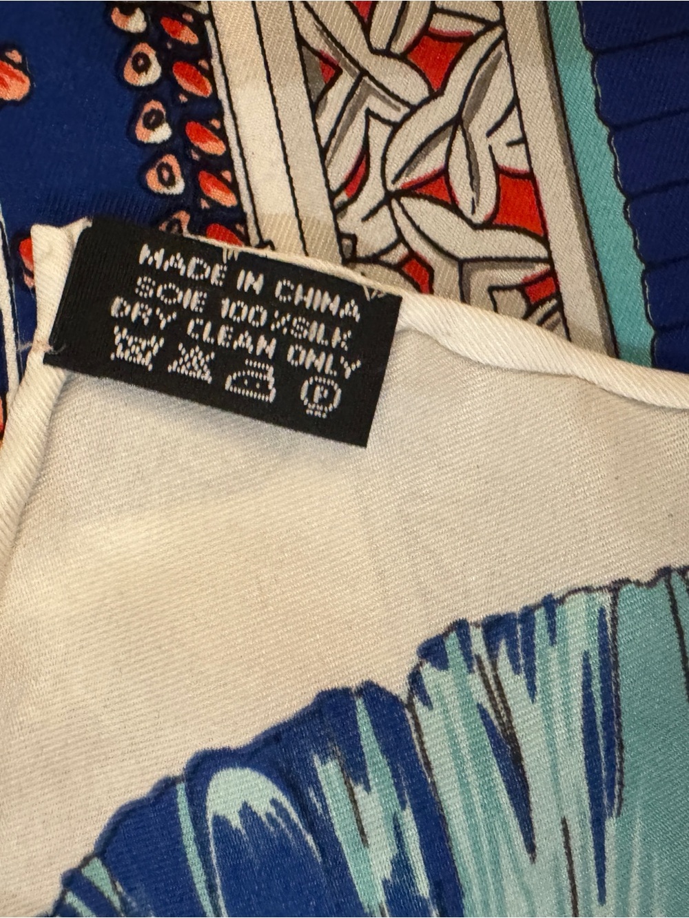 Designer-style 90cm Silk Scarf with Samurai Armor Motif in Navy & Cream New - Picture 6 of 6